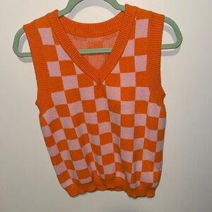 Orange & Light Pink Checkerboard Knit Vest